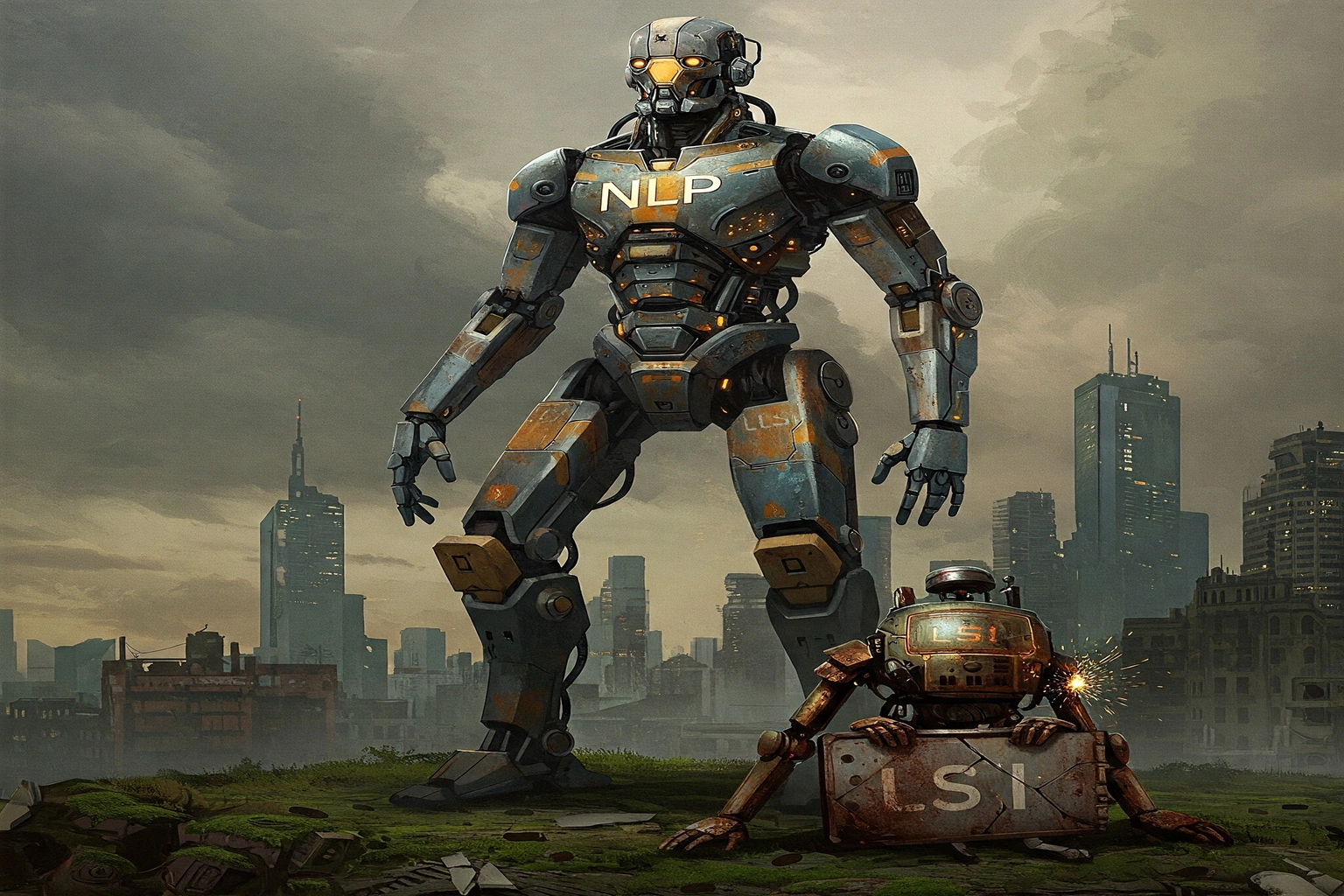 A towering humanoid robot labeled 'NLP' stands imposingly in a post-apocalyptic cityscape, glowing with orange lights. Below it, a smaller, older robot labeled 'LSI' sits on the ground with visible wear and damage, clutching a box also marked 'LSI'. The scene symbolizes the evolution and dominance of modern natural language processing (NLP) over traditional latent semantic indexing (LSI) methods.