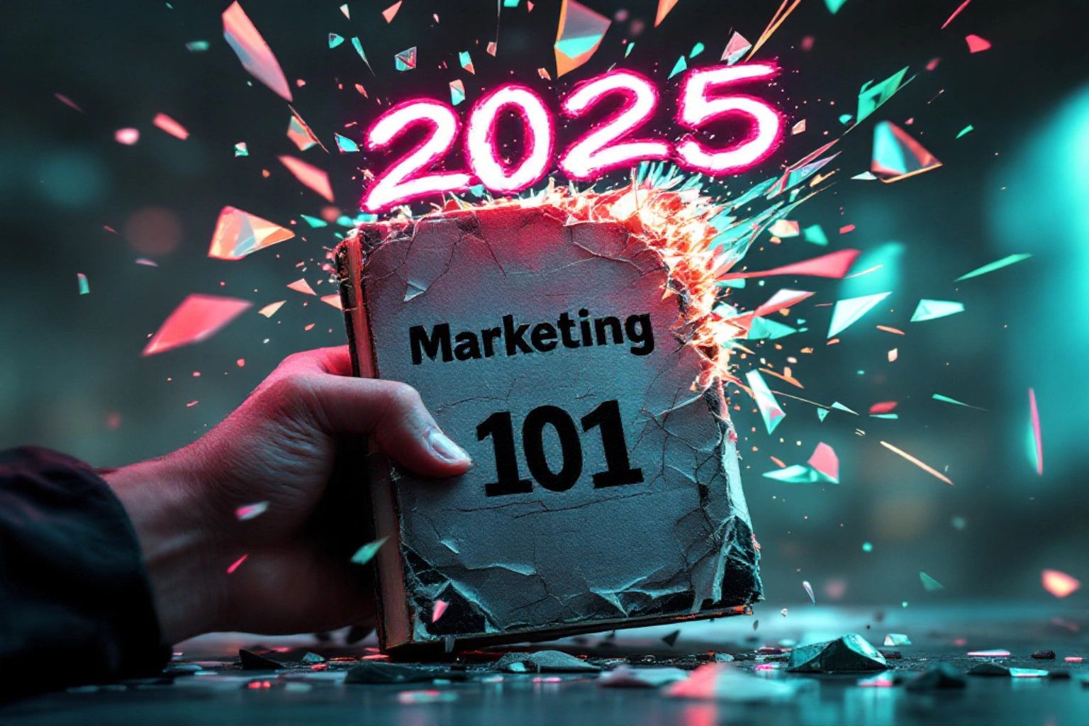 Marketing 101 book being smashed by a hand